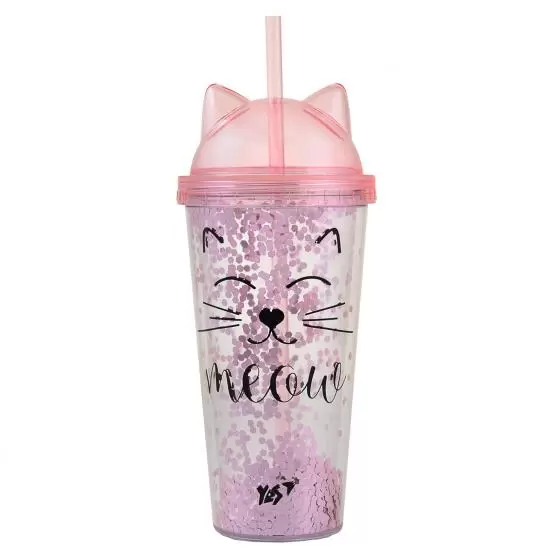 Тамблер-стакан YES з блискітками "Pink Cat", 450мл, з трубочкою  707076